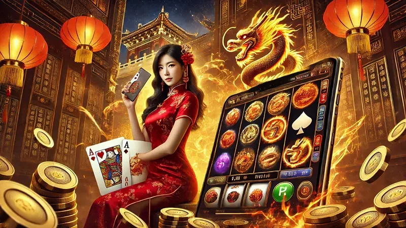 Ilustrasi mesin slot dengan simbol permainan dan efek cahaya